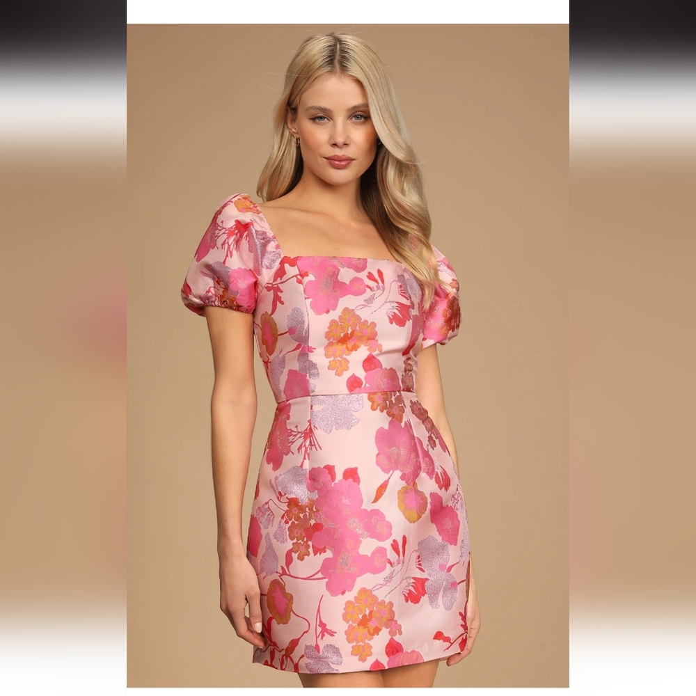 Lulu's SO Stunning Vibrant Floral Dress with Puff Sleeves